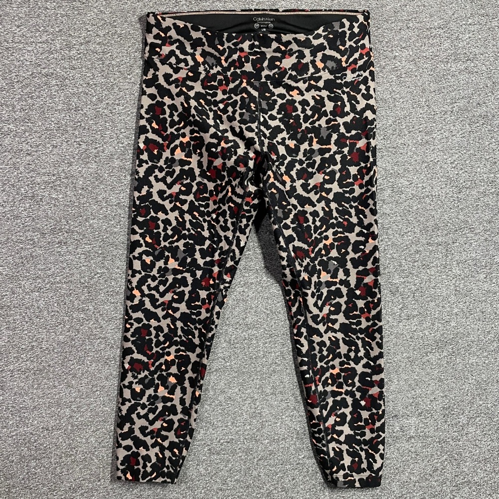 Calvin Klein Performance Leopard Print Wicking Leggings Grey Coral Womens L
